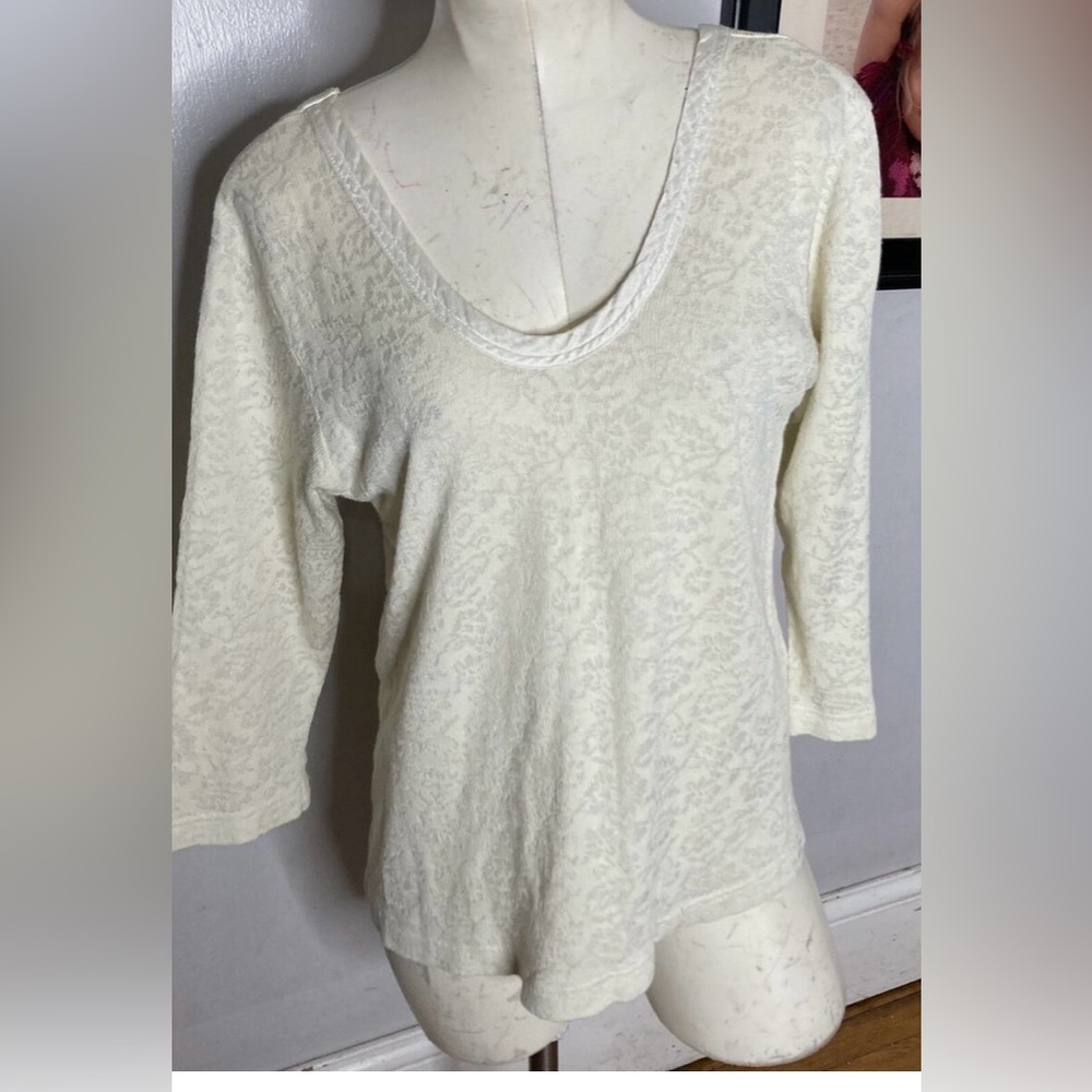 CP Shades Ivory Floral Burnout Knit 3/4 Sleeve Scoop Neck Top size large